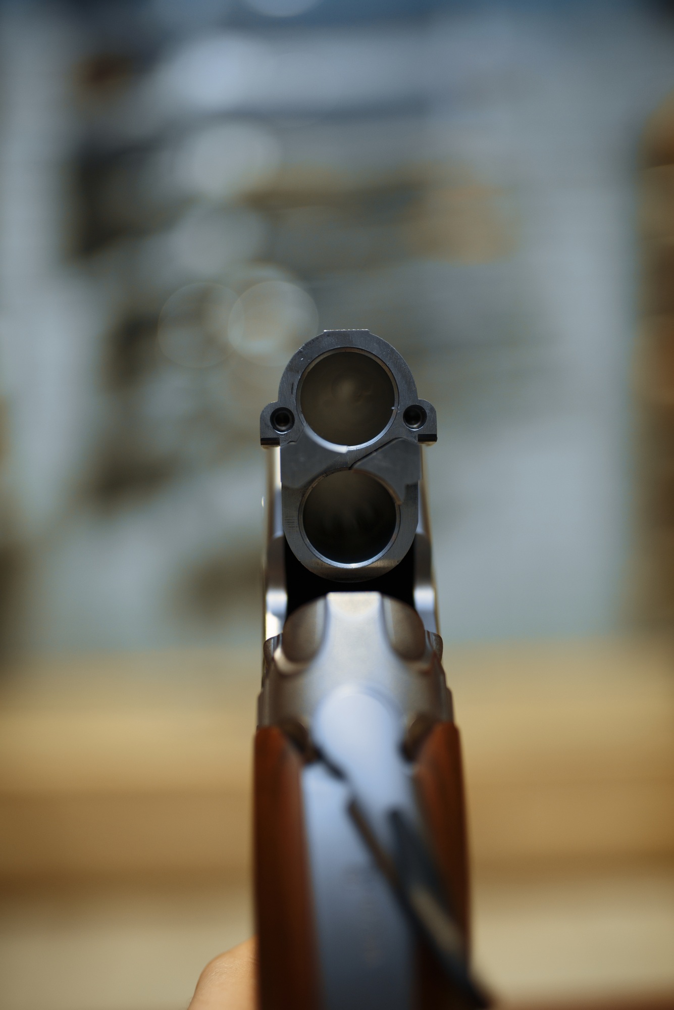 Rifle in gun shop, closeup view through the barrel